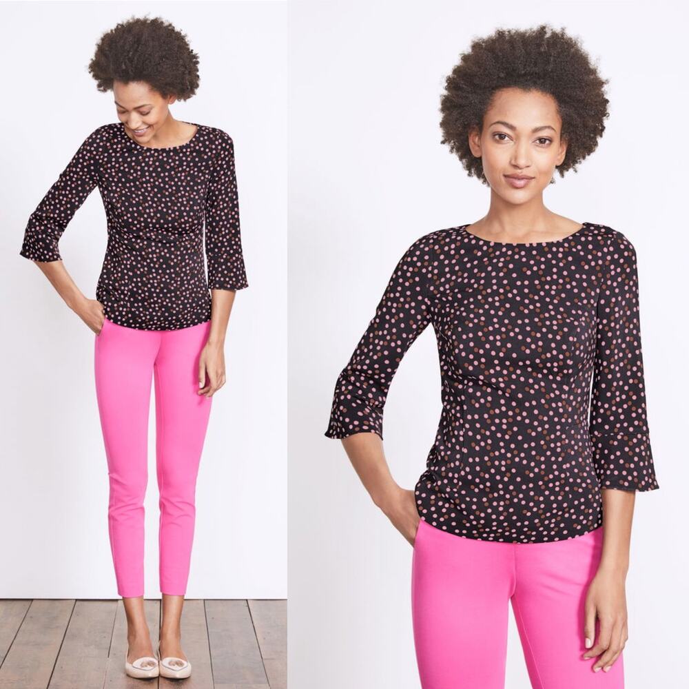 Boden Delia Top Womens US 6 UK 10 Black Pink Polka Dots Stretch Knit